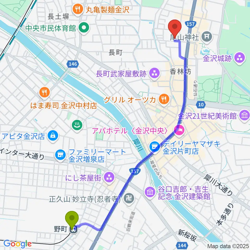 野町駅から金沢市文化ホールへのルートマップ地図