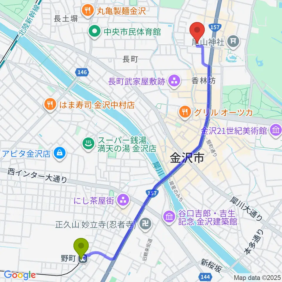 野町駅から金沢市文化ホールへのルートマップ地図