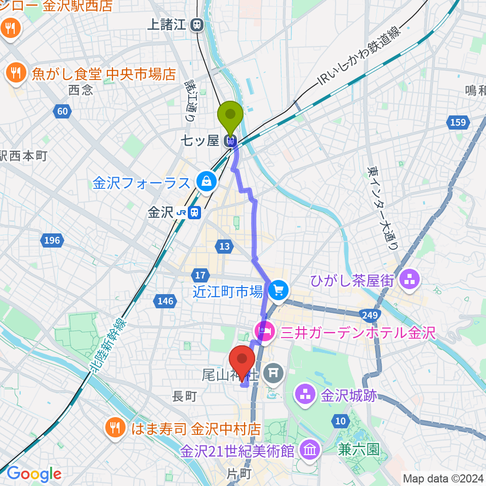 七ツ屋駅から金沢市文化ホールへのルートマップ地図