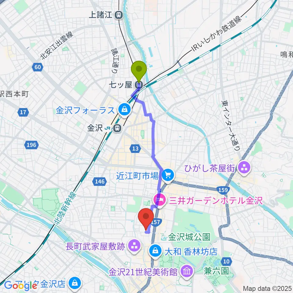 七ツ屋駅から金沢市文化ホールへのルートマップ地図