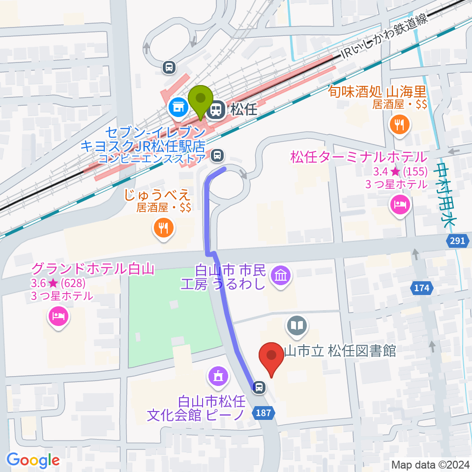 白山市松任学習センタープララの最寄駅松任駅からの徒歩ルート（約4分）地図