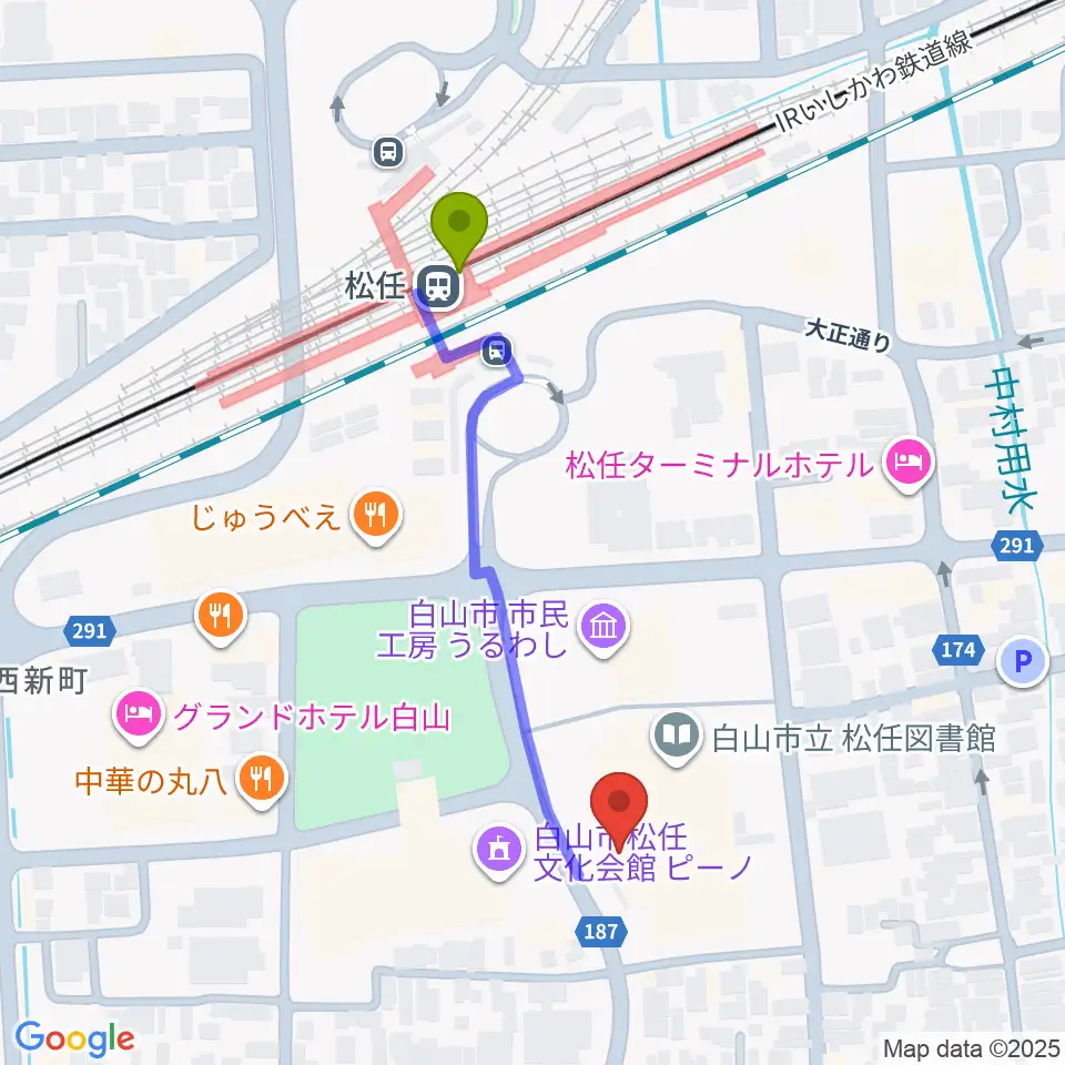 白山市松任学習センタープララの最寄駅松任駅からの徒歩ルート（約4分）地図