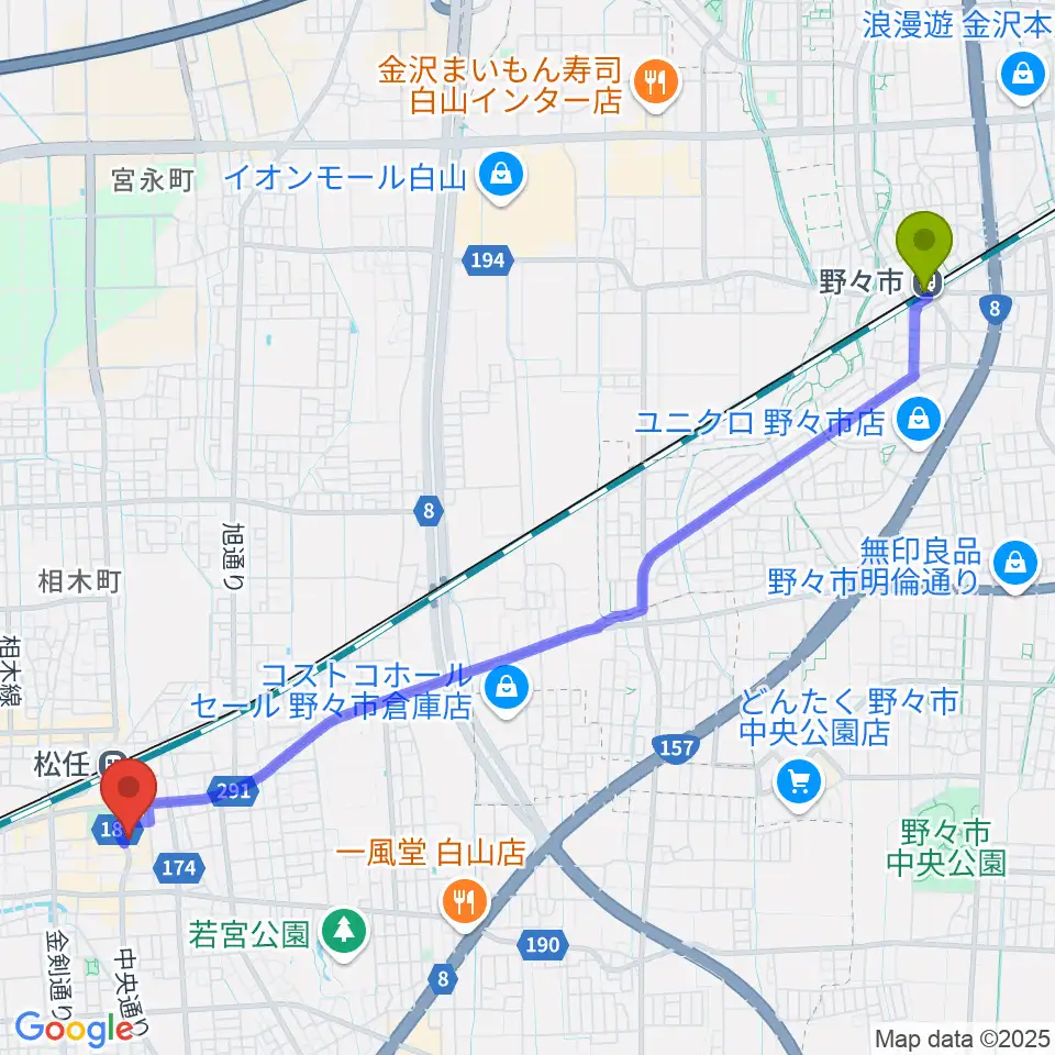 野々市駅から白山市松任学習センタープララへのルートマップ地図