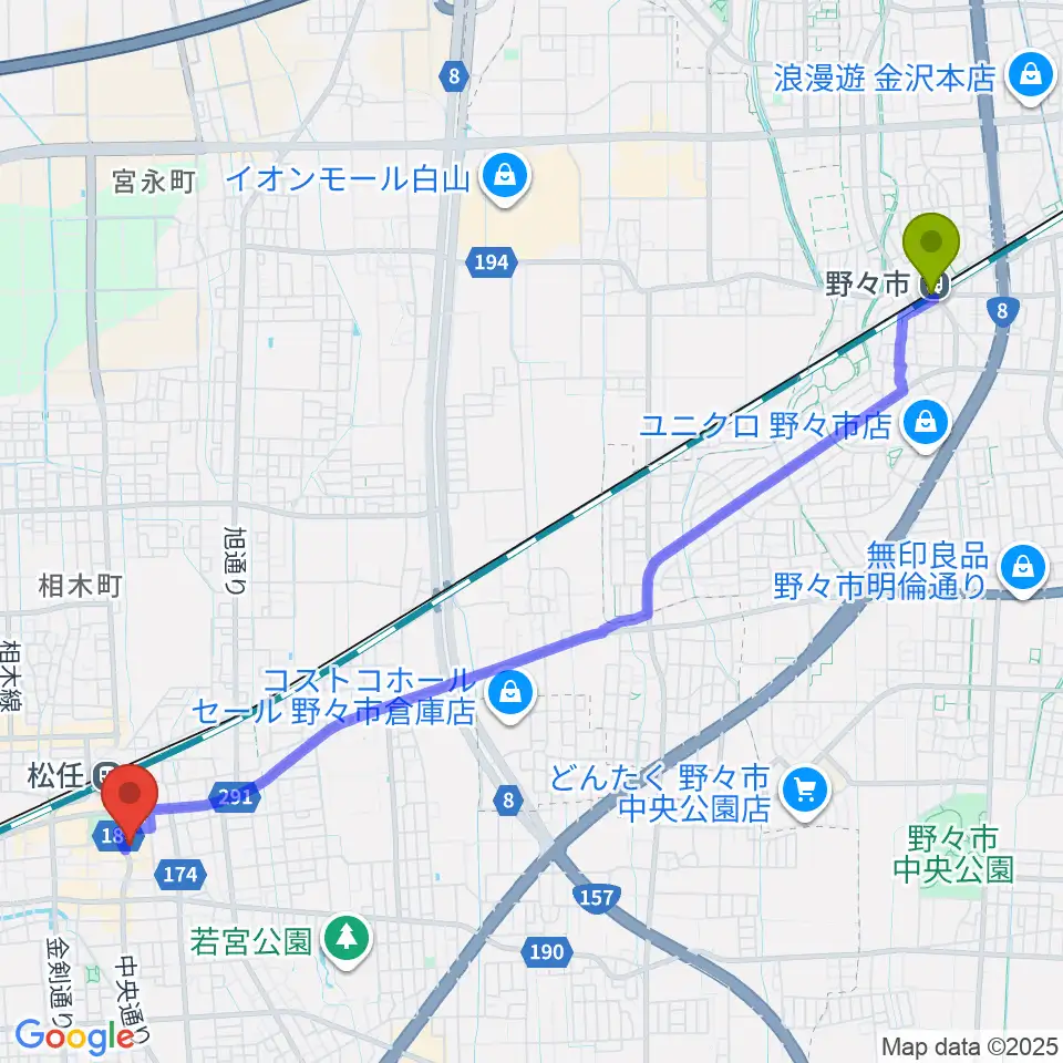 野々市駅から白山市松任学習センタープララへのルートマップ地図