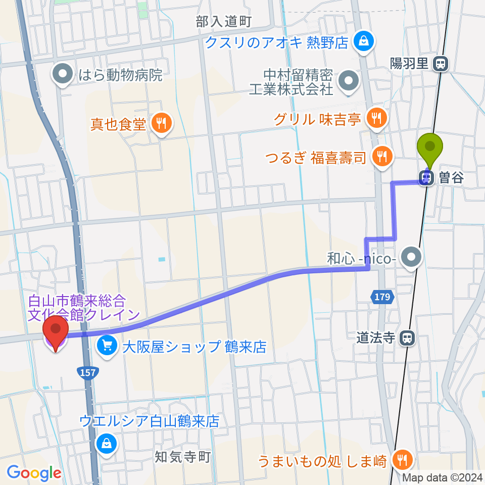 曽谷駅から白山市鶴来総合文化会館クレインへのルートマップ地図