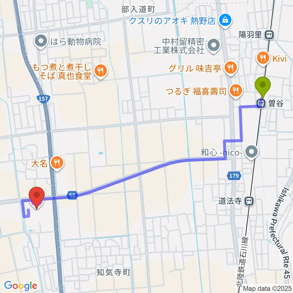 曽谷駅から白山市鶴来総合文化会館クレインへのルートマップ地図