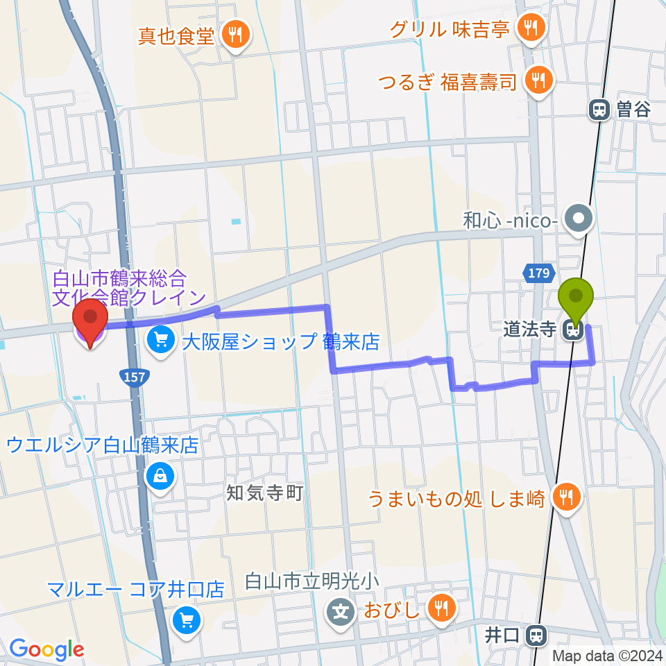 白山市鶴来総合文化会館クレインの最寄駅道法寺駅からの徒歩ルート（約22分）地図