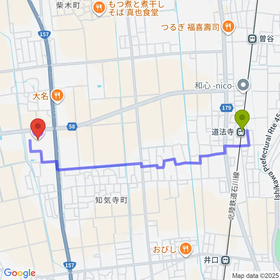 白山市鶴来総合文化会館クレインの最寄駅道法寺駅からの徒歩ルート（約22分）地図