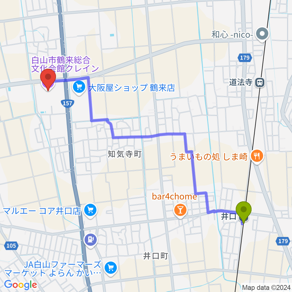 井口駅から白山市鶴来総合文化会館クレインへのルートマップ地図