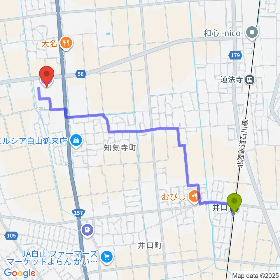 井口駅から白山市鶴来総合文化会館クレインへのルートマップ地図
