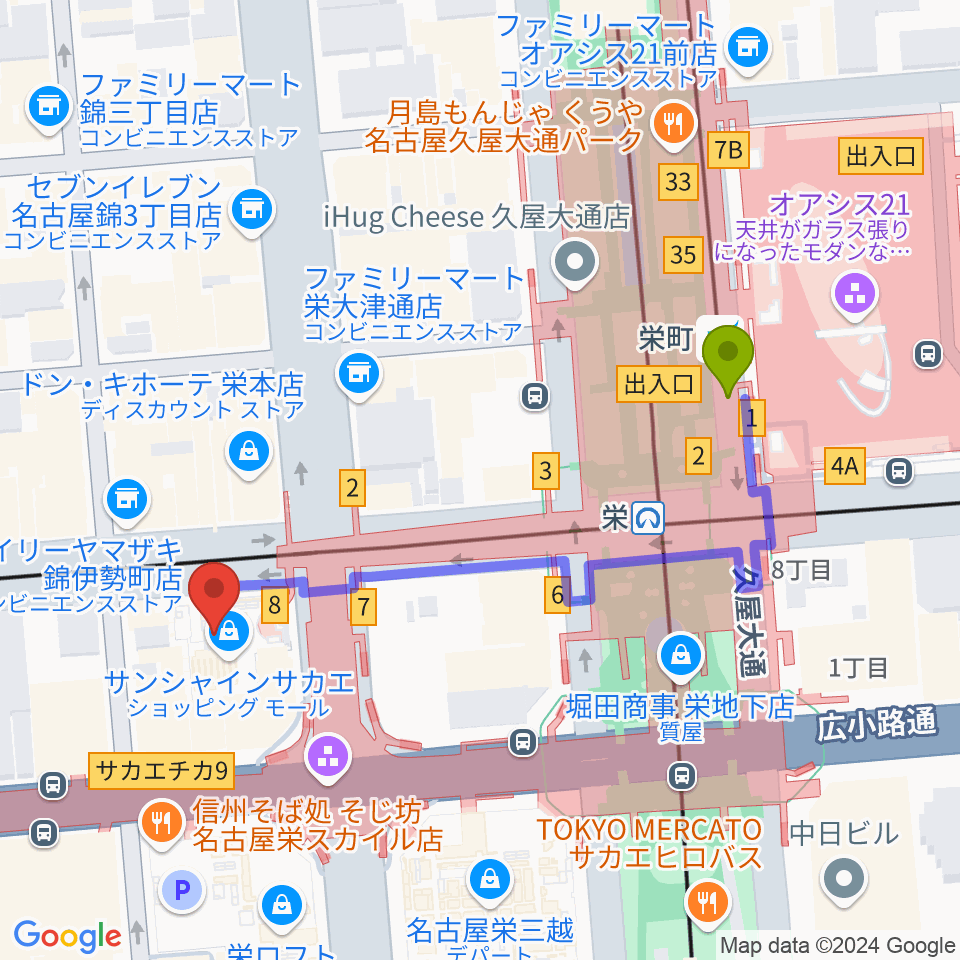 SKE48劇場の最寄駅栄町駅からの徒歩ルート（約5分）地図