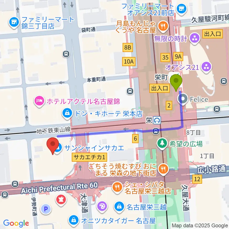 SKE48劇場の最寄駅栄町駅からの徒歩ルート（約5分）地図
