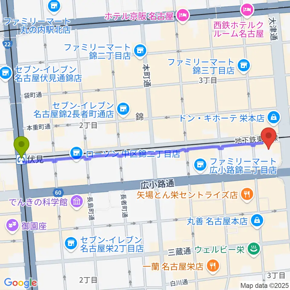 伏見駅からSKE48劇場へのルートマップ地図