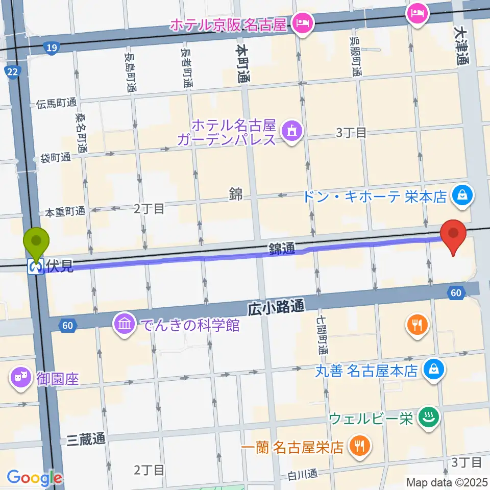 伏見駅からSKE48劇場へのルートマップ地図