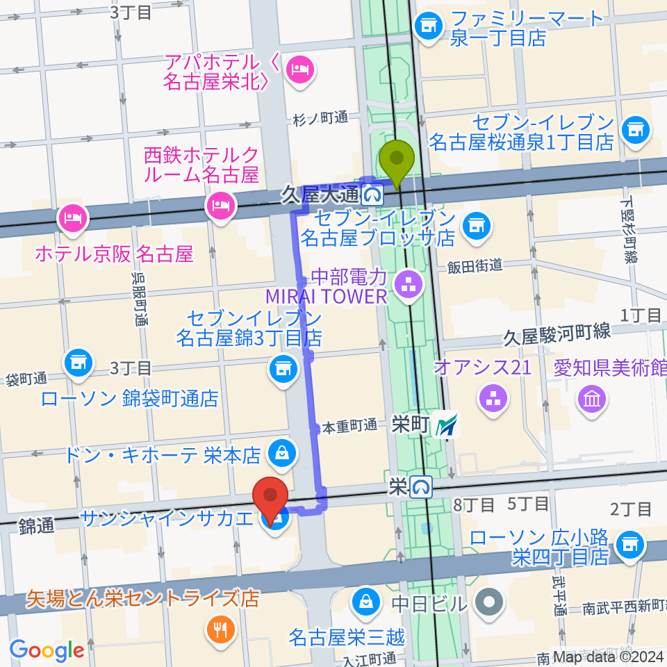 久屋大通駅からSKE48劇場へのルートマップ地図