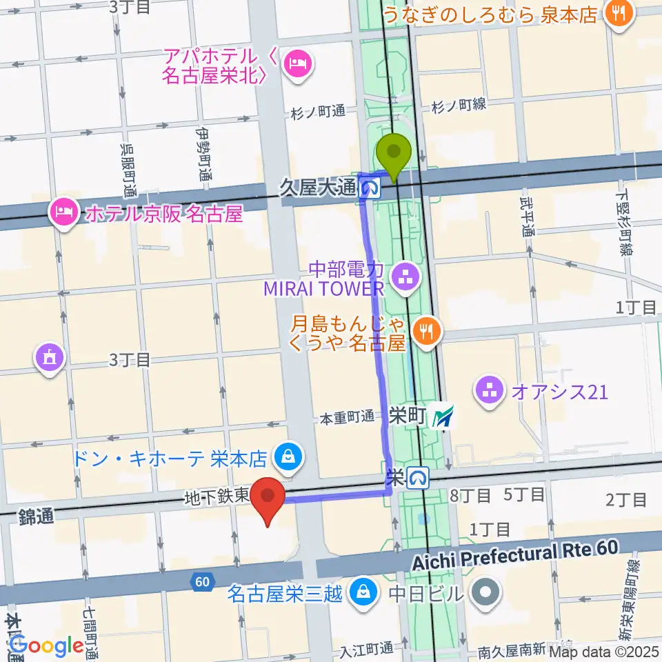 久屋大通駅からSKE48劇場へのルートマップ地図