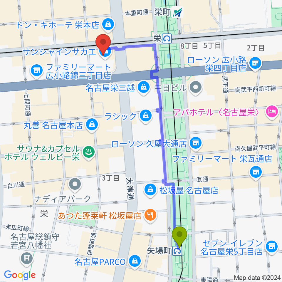 矢場町駅からSKE48劇場へのルートマップ地図