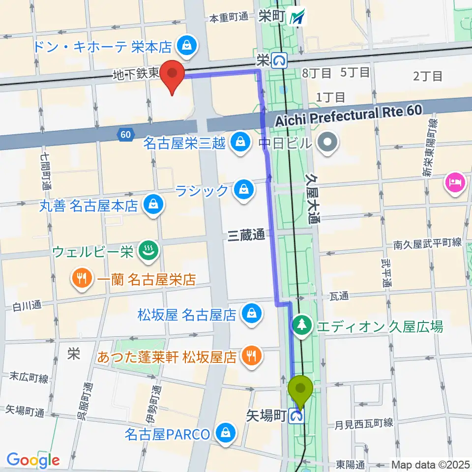 矢場町駅からSKE48劇場へのルートマップ地図