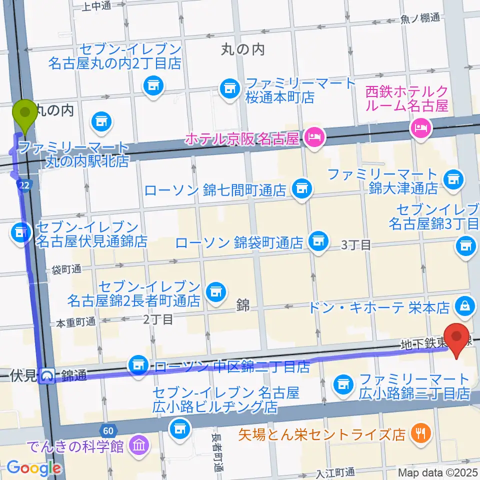 丸の内駅からSKE48劇場へのルートマップ地図