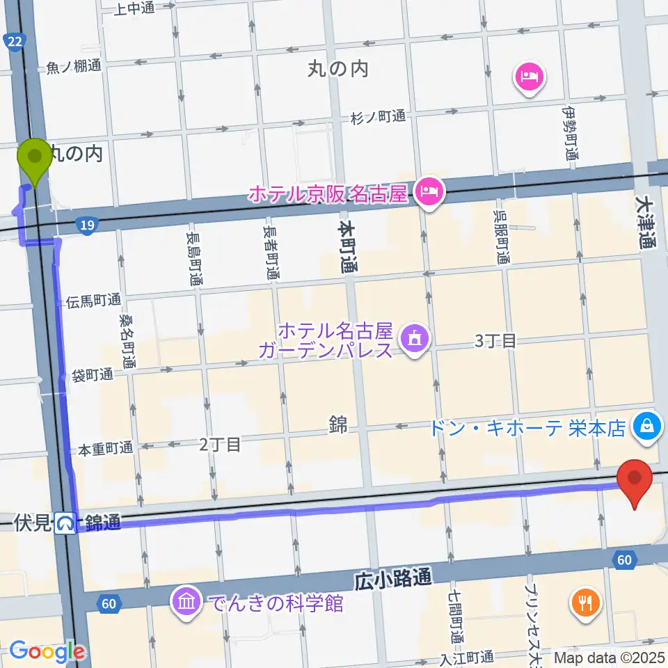 丸の内駅からSKE48劇場へのルートマップ地図
