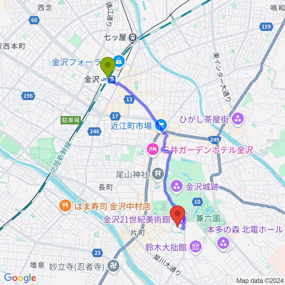 金沢駅から金沢21世紀美術館へのルートマップ地図