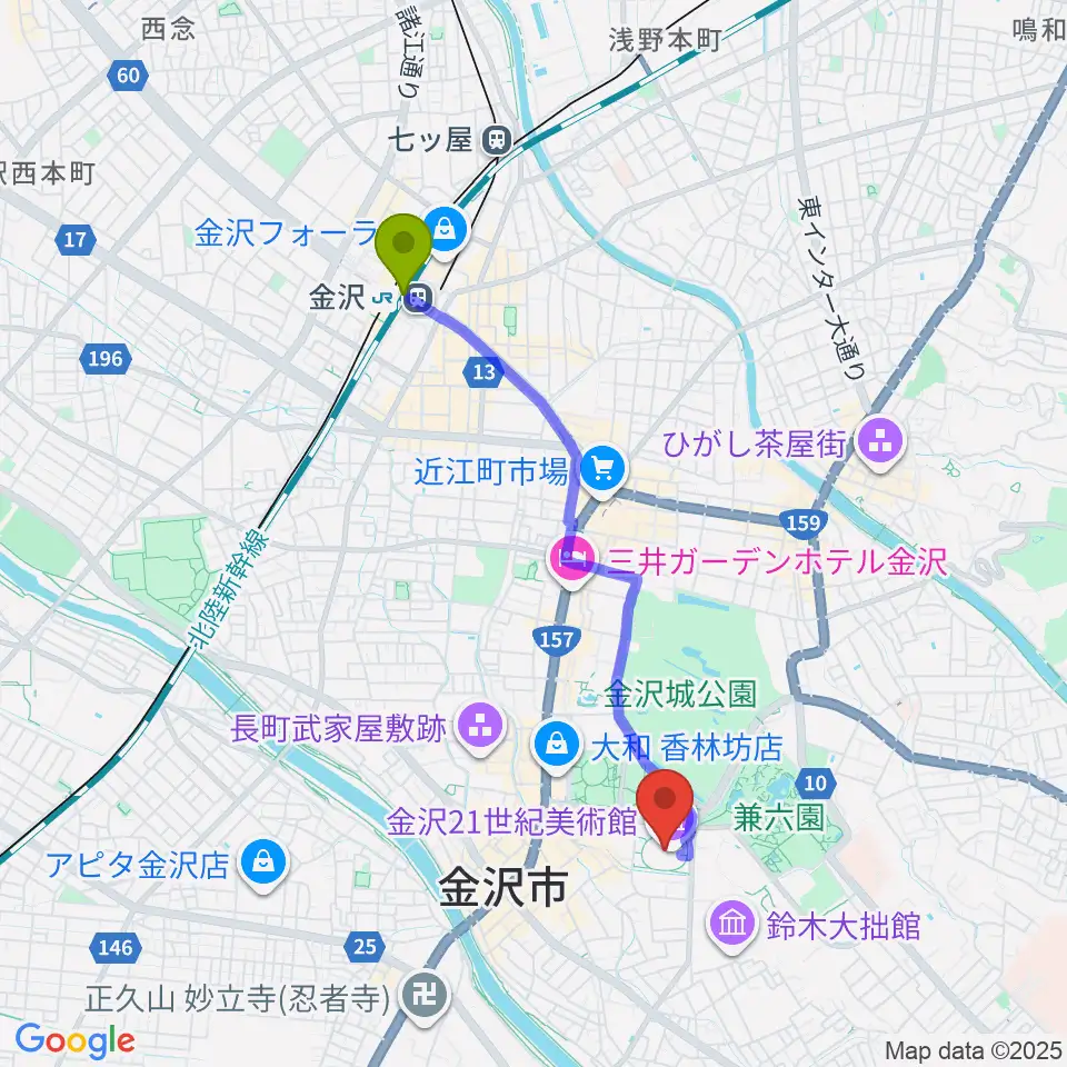 金沢駅から金沢21世紀美術館へのルートマップ地図