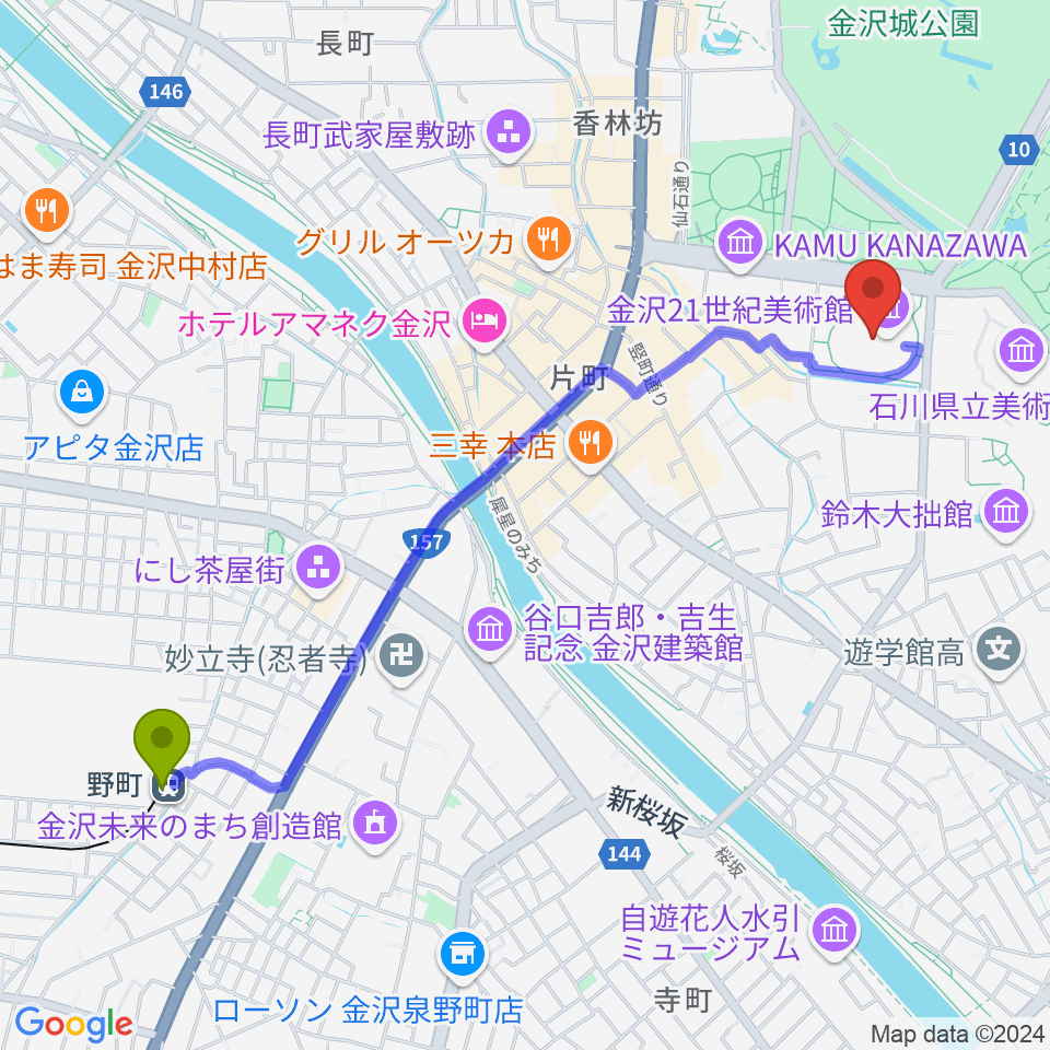 金沢21世紀美術館の最寄駅野町駅からの徒歩ルート（約25分）地図