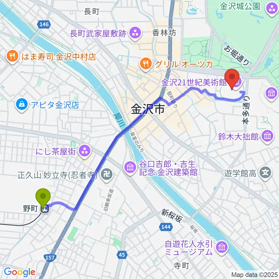 金沢21世紀美術館の最寄駅野町駅からの徒歩ルート（約25分）地図