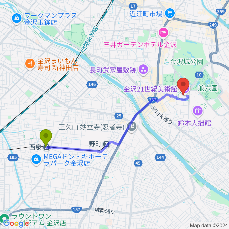 西泉駅から金沢21世紀美術館へのルートマップ地図