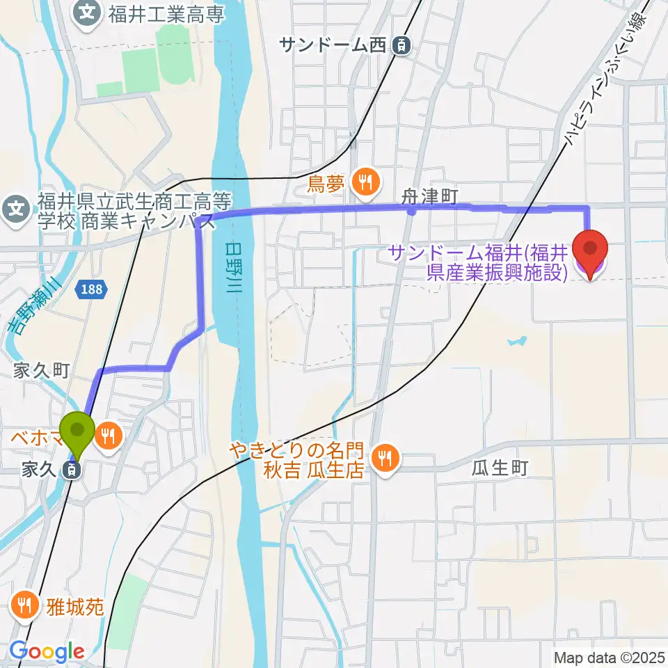 家久駅からサンドーム福井へのルートマップ地図