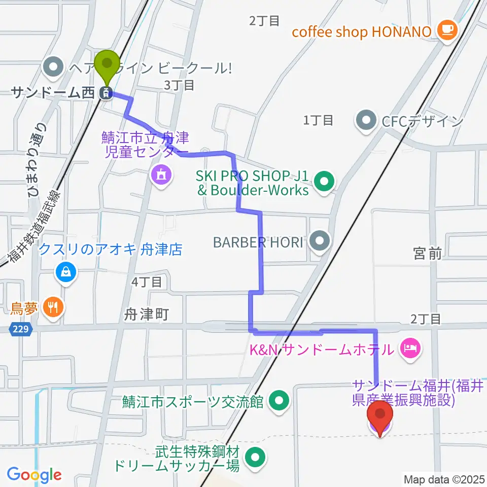 サンドーム福井の最寄駅サンドーム西駅からの徒歩ルート（約14分）地図