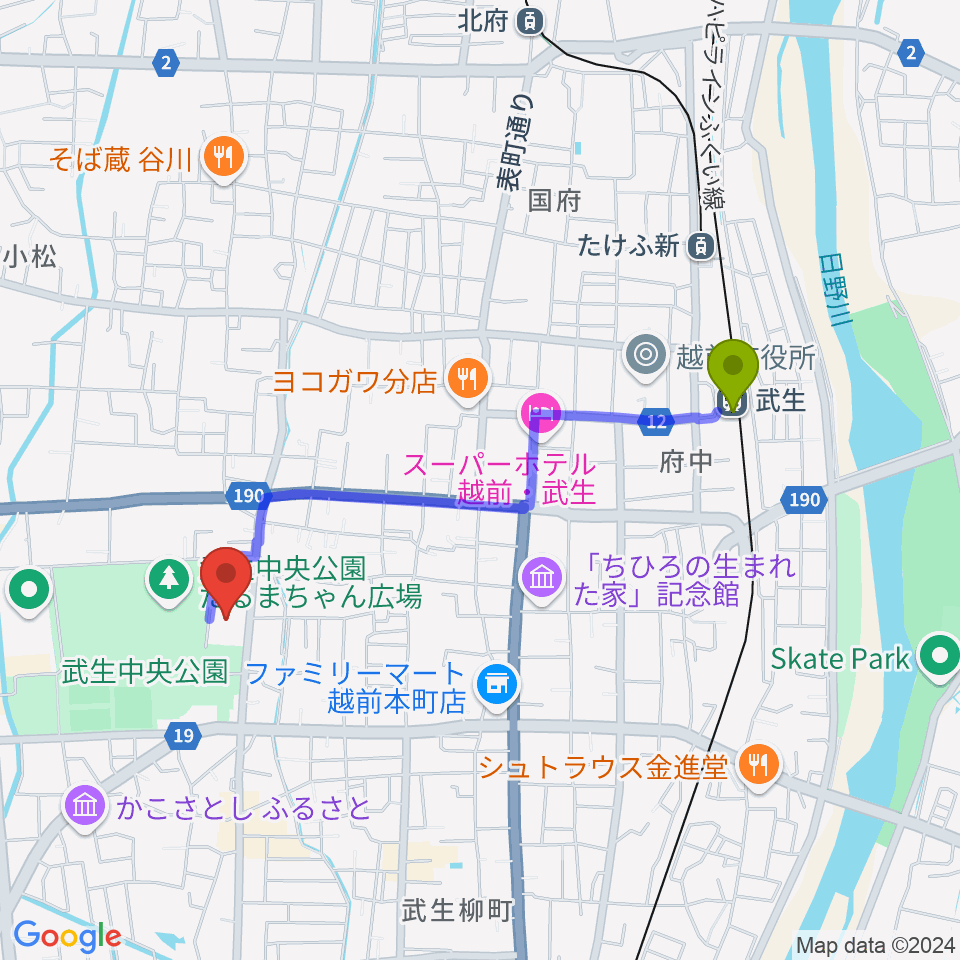 越前市文化センターの最寄駅武生駅からの徒歩ルート（約18分）地図