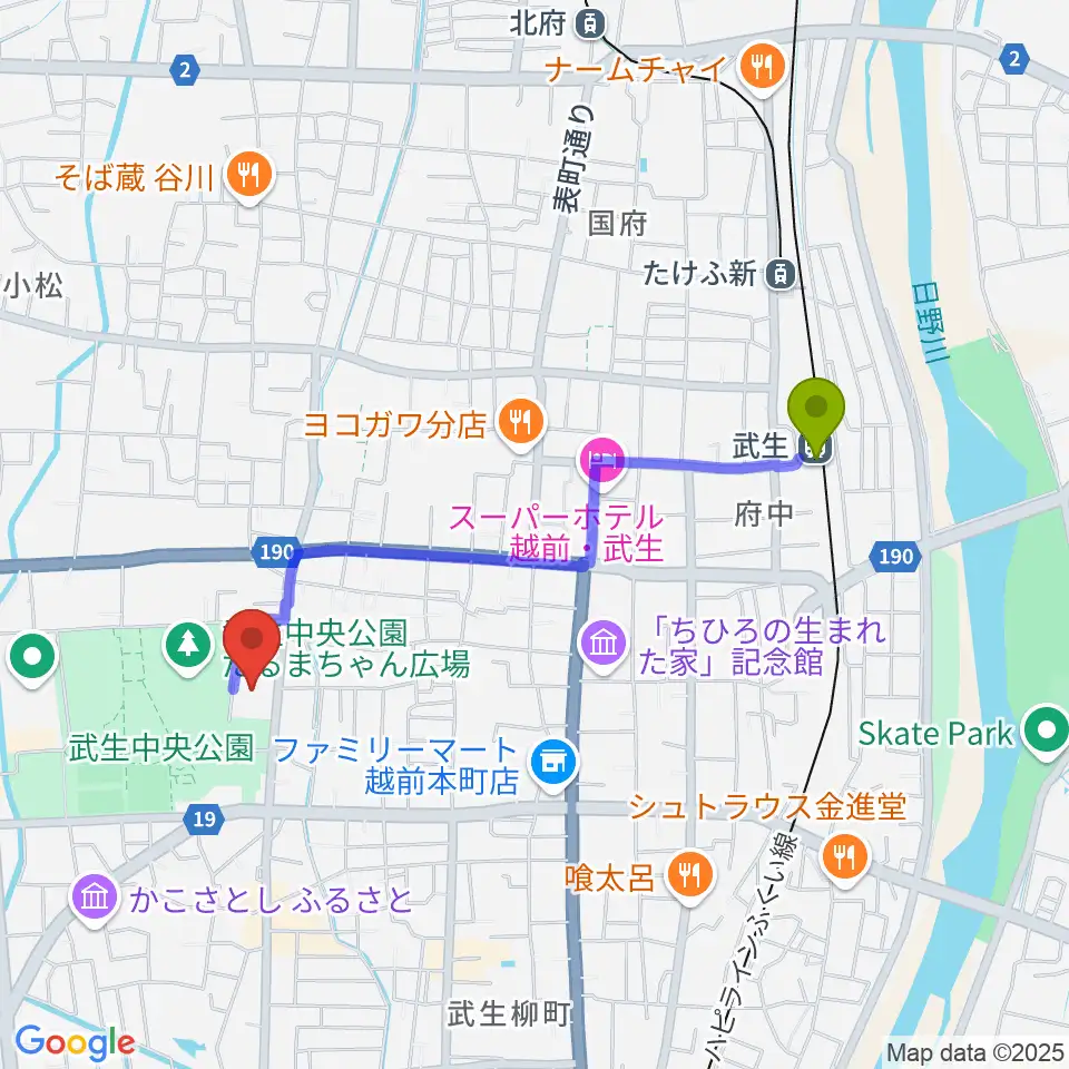 越前市文化センターの最寄駅武生駅からの徒歩ルート（約18分）地図