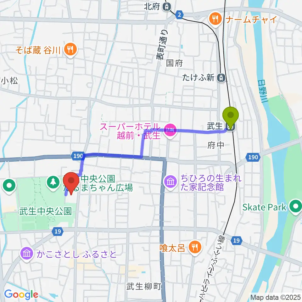 越前市文化センターの最寄駅武生駅からの徒歩ルート（約18分）地図