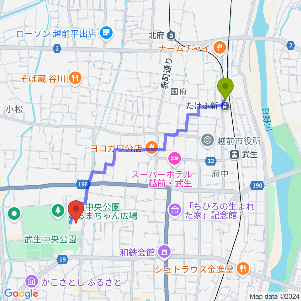 越前武生駅から越前市文化センターへのルートマップ地図