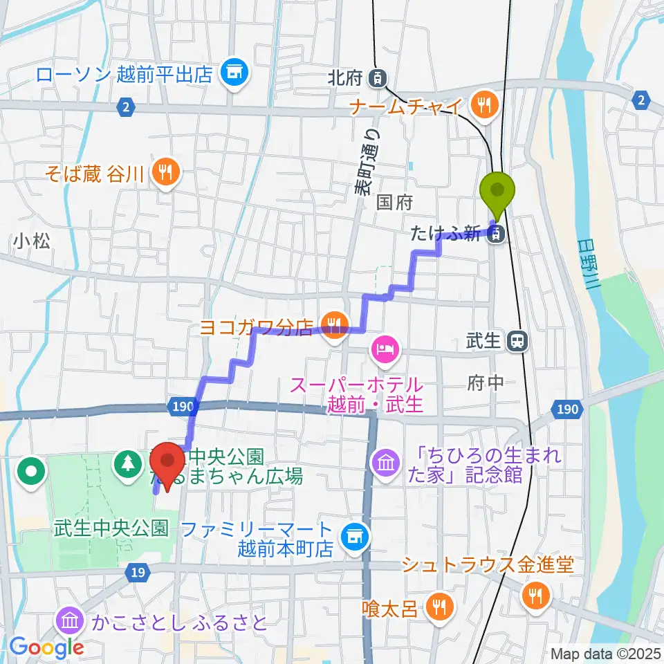 越前武生駅から越前市文化センターへのルートマップ地図