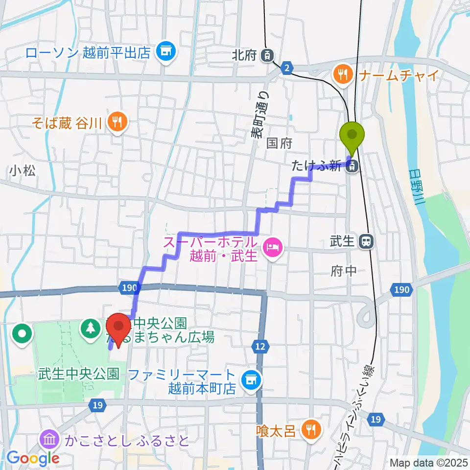 越前武生駅から越前市文化センターへのルートマップ地図