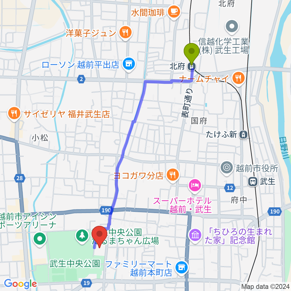 北府駅から越前市文化センターへのルートマップ地図