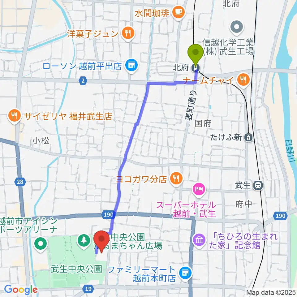 北府駅から越前市文化センターへのルートマップ地図