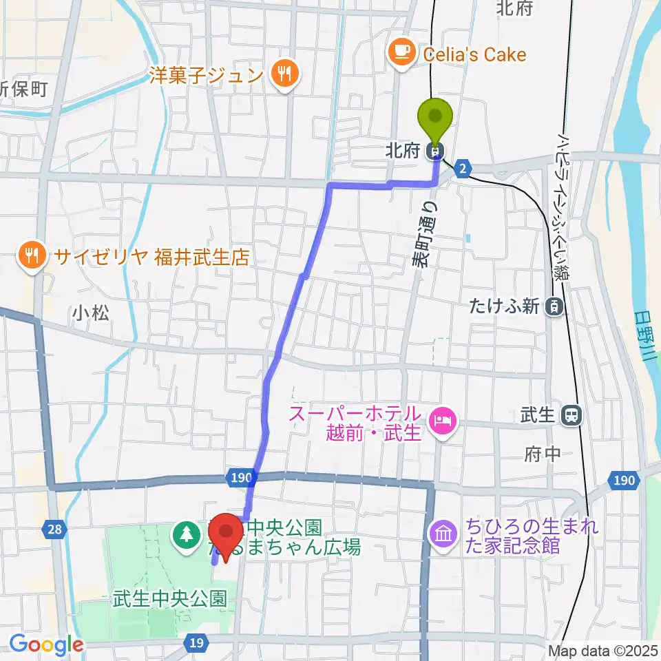 北府駅から越前市文化センターへのルートマップ地図