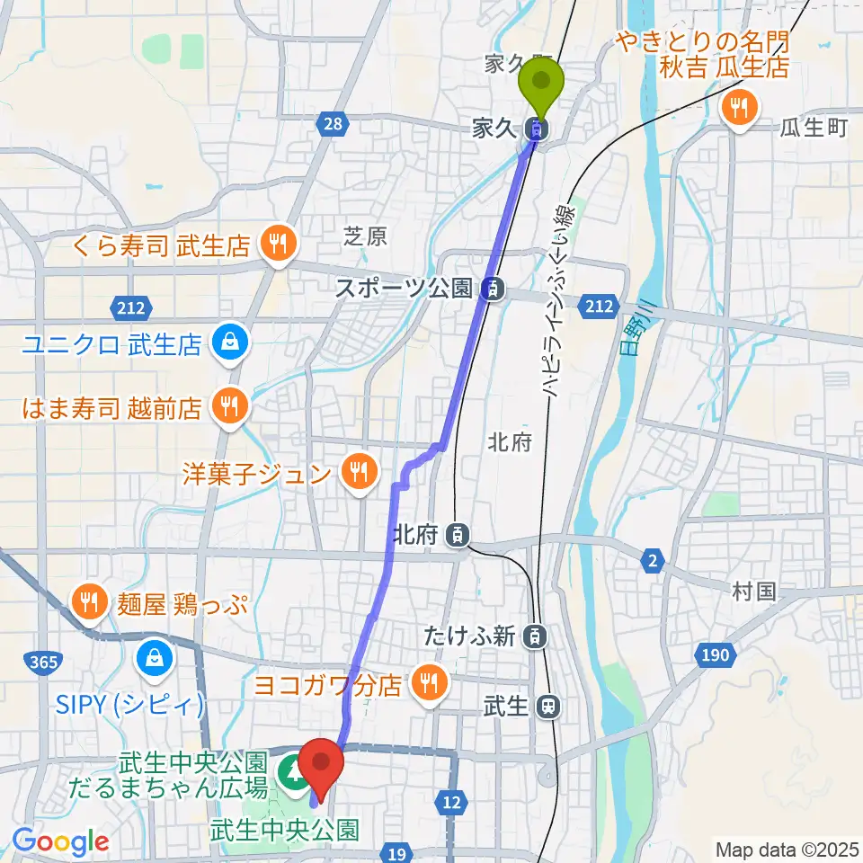 家久駅から越前市文化センターへのルートマップ地図