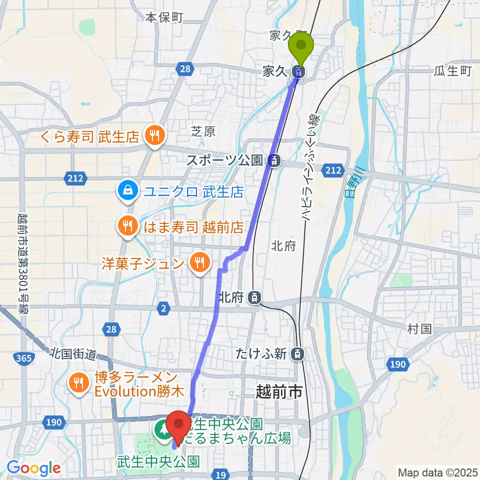 家久駅から越前市文化センターへのルートマップ地図