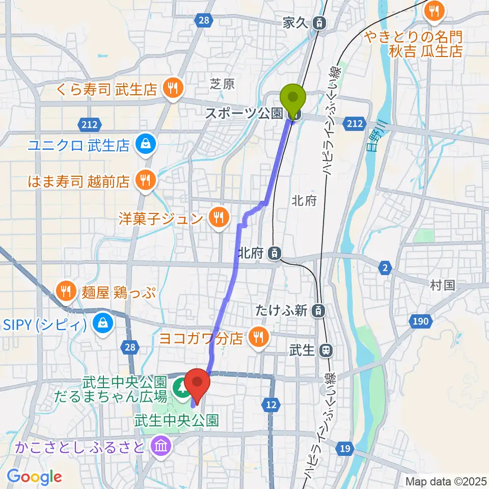 スポーツ公園駅から越前市文化センターへのルートマップ地図