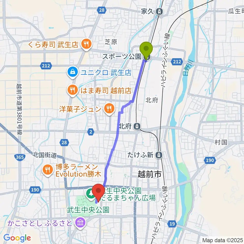 スポーツ公園駅から越前市文化センターへのルートマップ地図