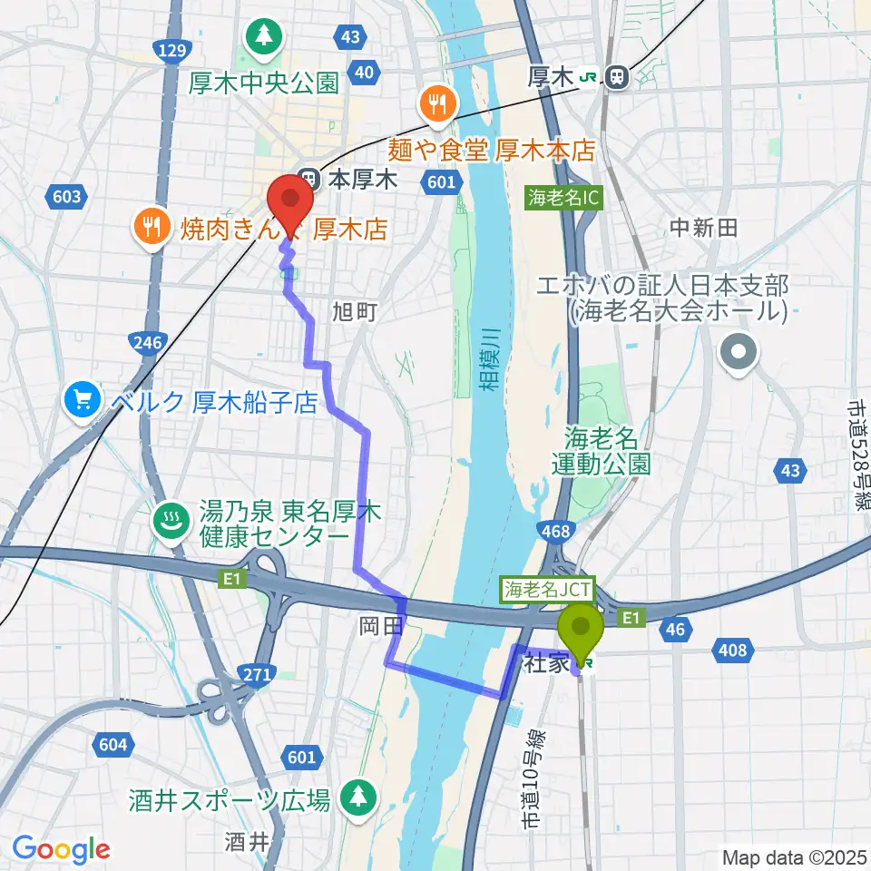 社家駅からギタートレーダーズへのルートマップ地図