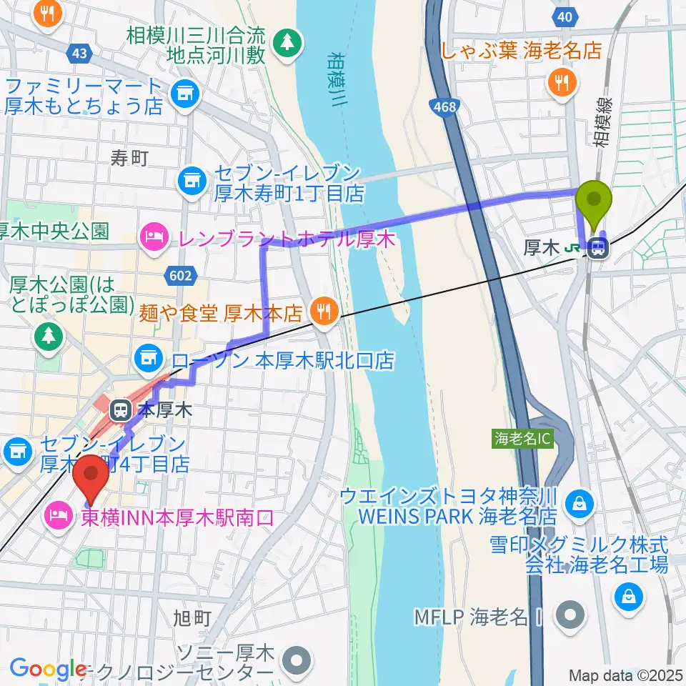 厚木駅からギタートレーダーズへのルートマップ地図