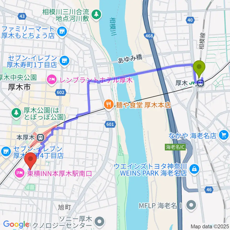 厚木駅からギタートレーダーズへのルートマップ地図