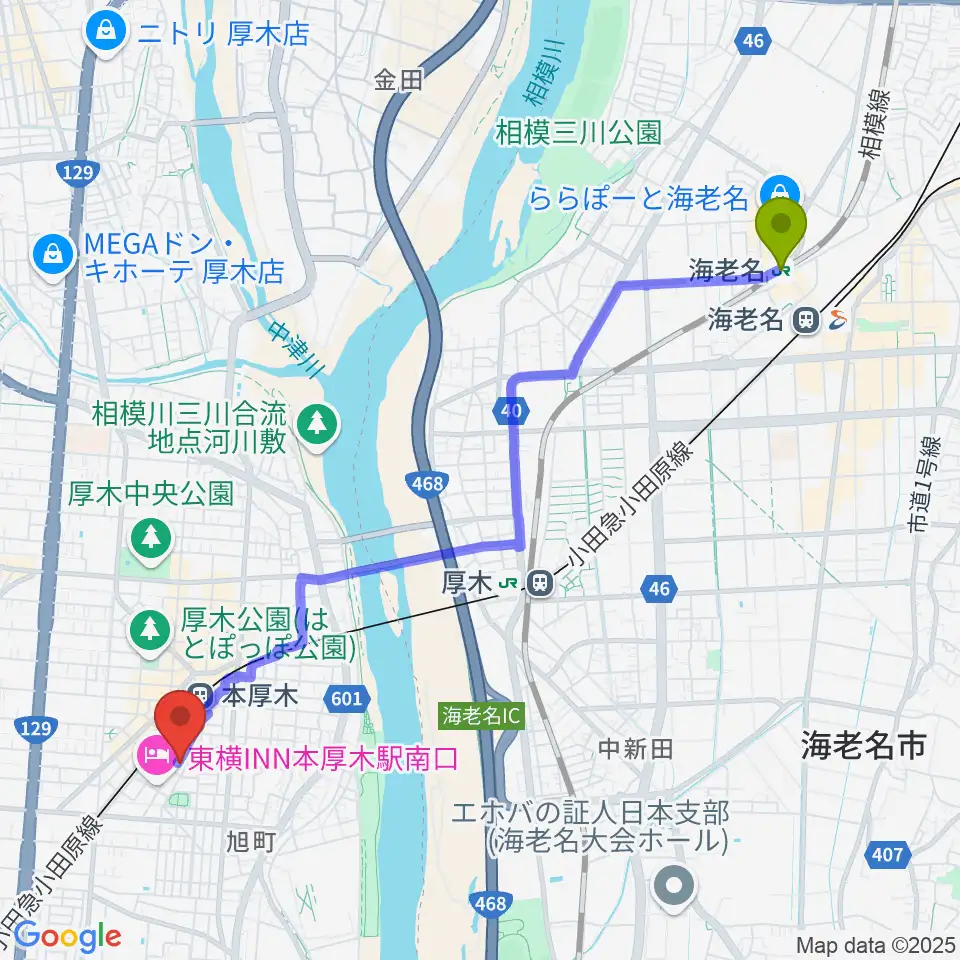 海老名駅からギタートレーダーズへのルートマップ地図