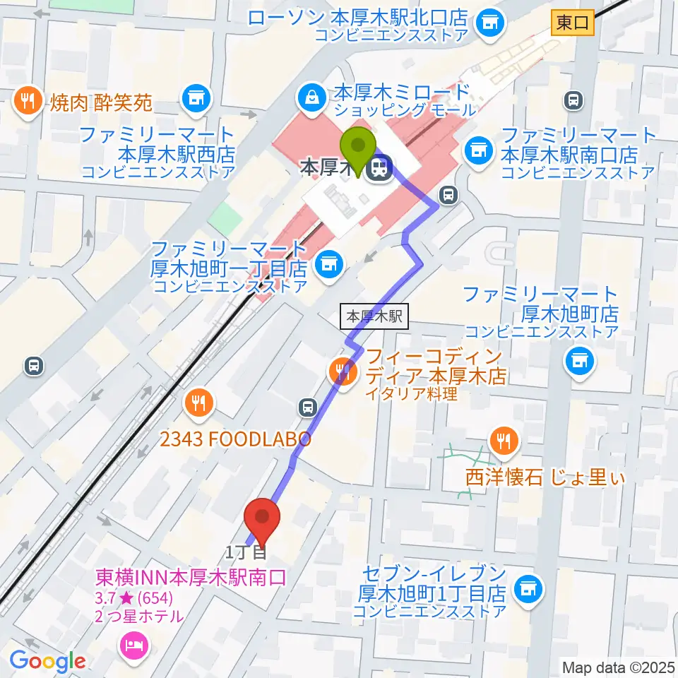 ギタートレーダーズの最寄駅本厚木駅からの徒歩ルート（約4分）地図