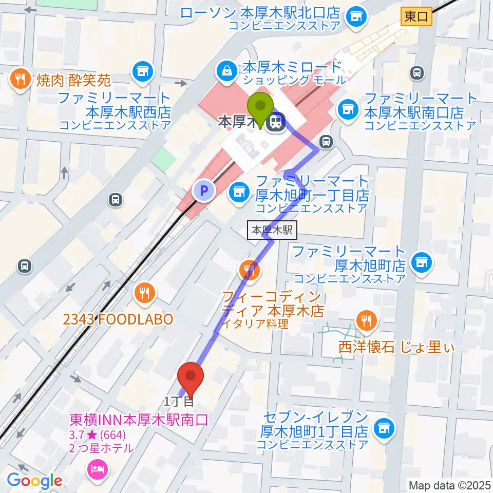ギタートレーダーズの最寄駅本厚木駅からの徒歩ルート（約4分）地図